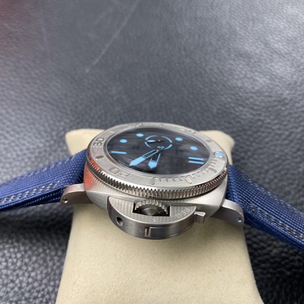 VS Factory Panerai Submersible 47mm Black Dial Blue Luminous Dots, Indexes, and Skeletonized Hands Titanium Bezel Blue Fabric Strap(PAM00985) 1:1 Super Clone – DDP.9010 Movement