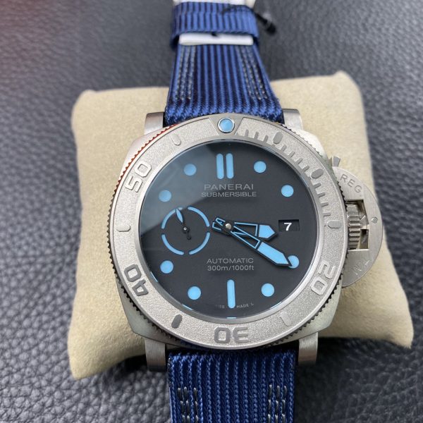 VS Factory Panerai Submersible 47mm Black Dial Blue Luminous Dots, Indexes, and Skeletonized Hands Titanium Bezel Blue Fabric Strap(PAM00985) 1:1 Super Clone – DDP.9010 Movement