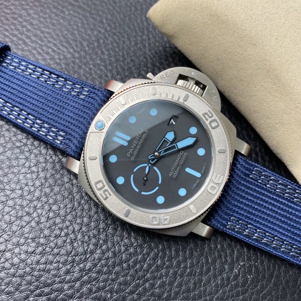 VS Factory Panerai Submersible 47mm Black Dial Blue Luminous Dots, Indexes, and Skeletonized Hands Titanium Bezel Blue Fabric Strap(PAM00985) 1:1 Super Clone – DDP.9010 Movement