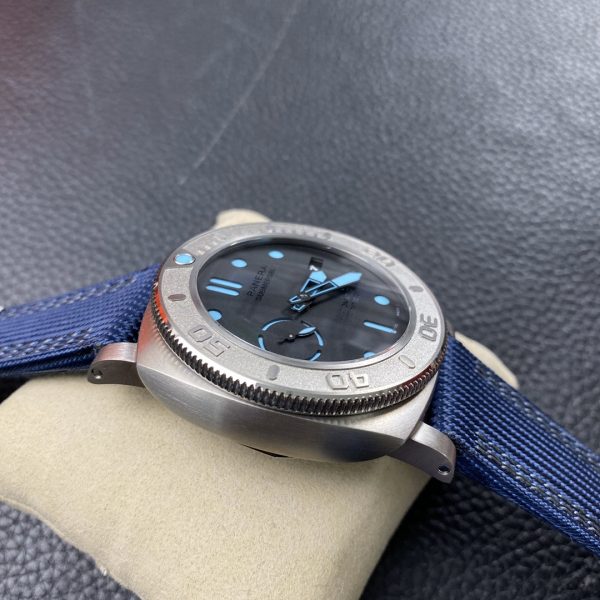 VS Factory Panerai Submersible 47mm Black Dial Blue Luminous Dots, Indexes, and Skeletonized Hands Titanium Bezel Blue Fabric Strap(PAM00985) 1:1 Super Clone – DDP.9010 Movement