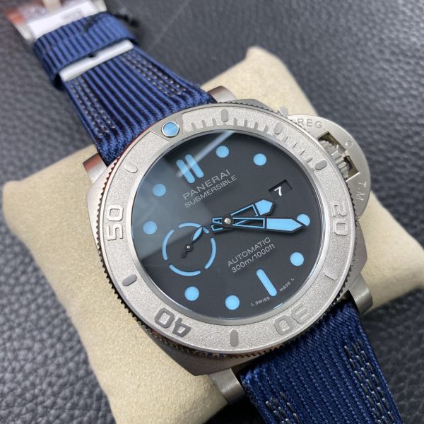 VS Factory Panerai Submersible 47mm Black Dial Blue Luminous Dots, Indexes, and Skeletonized Hands Titanium Bezel Blue Fabric Strap(PAM00985) 1:1 Super Clone – DDP.9010 Movement