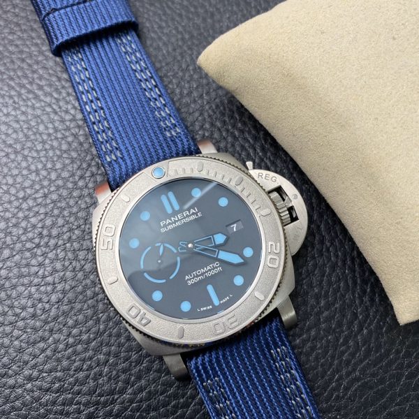 VS Factory Panerai Submersible 47mm Black Dial Blue Luminous Dots, Indexes, and Skeletonized Hands Titanium Bezel Blue Fabric Strap(PAM00985) 1:1 Super Clone – DDP.9010 Movement