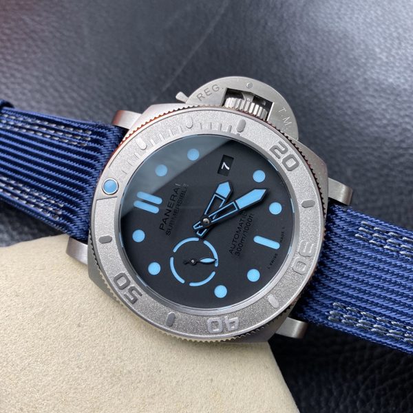 VS Factory Panerai Submersible 47mm Black Dial Blue Luminous Dots, Indexes, and Skeletonized Hands Titanium Bezel Blue Fabric Strap(PAM00985) 1:1 Super Clone – DDP.9010 Movement
