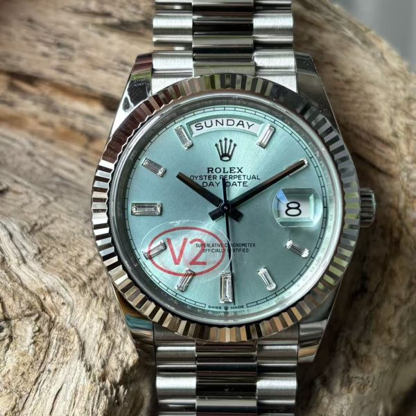 VS Factory Rolex Day-Date 40 Platinum Ice Blue Diamond Dial (228236) 1:1 Super Clone – DD3255 Movement